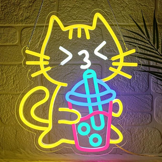 Cat Boba Tea Neon Sign Yellow Cat Led Neon Signs by YourVibeYourNeon