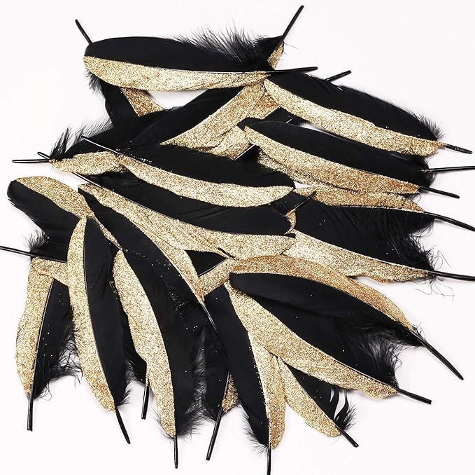 BABEYOND 42 Pcs 1920s Gatsby Gold Dipped Feather Natural Décor Glitter Feather - Image 5