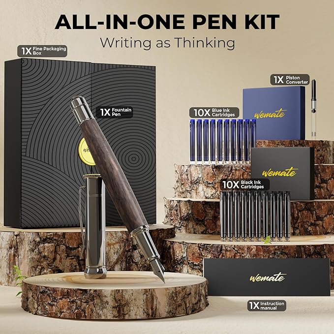 WEMATE Fountain Pen Set, Fine Nib, 20 Ink Cartridges, 1 Ink Converter, Smooth - Image 2