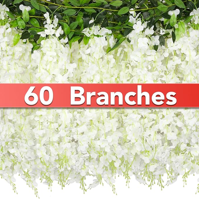 Wisteria Artificial Flowers Garland，6Pcs Total 36ft Silk Fake White Wisteria by CreateABetterLife