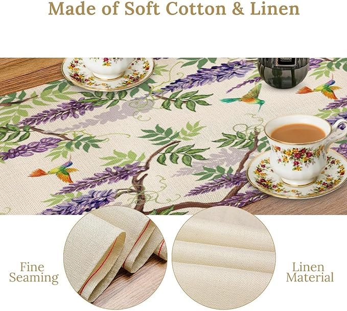 Vintage Bird Flower Table Runner Seasonal Spring Purple Wisteria Garden Plants - Image 5