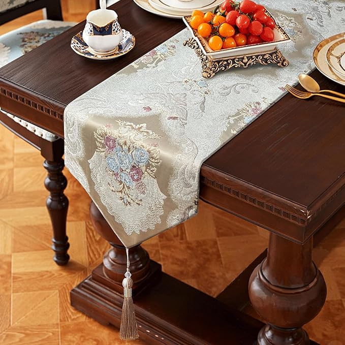 HeMiaor Jacquard Damask Table Runner Chenille Flowery by HeMiaor