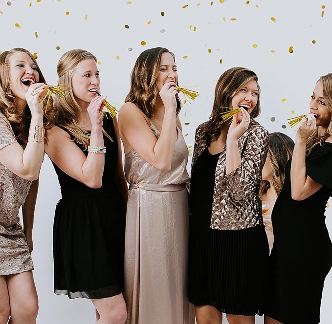 50 Pcs Metallic Fringed Party Blowers Noise Makers Gold Black Blowout Whistle - Image 7