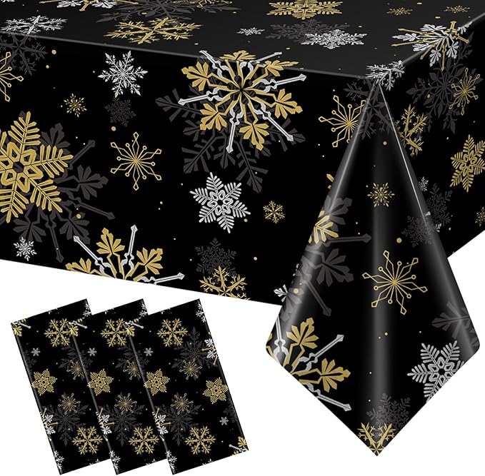3Pcs Christmas Snowflake Party Tablecloths Decorations, Plastic Black and Gold by JectivsPartyDecorations