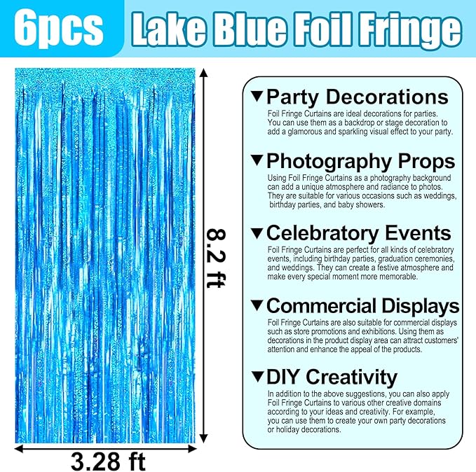 6 Pack Lake Blue Foil Fringe Curtain Backdrop, 3.28Ft x 8.2Ft Metallic Tinsel - Image 2