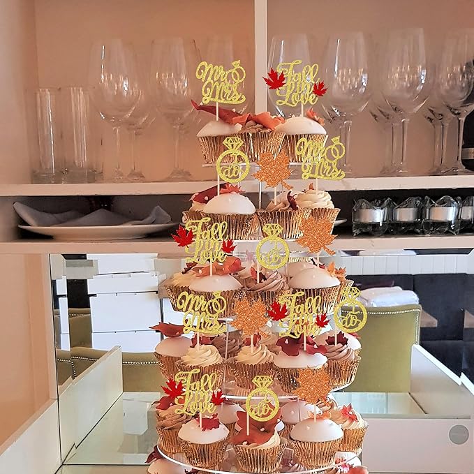 24 PCS Fall in Love Cupcake Toppers Glitter Maple Leaf Cupcake Picks Mr & Mrs - Image 7