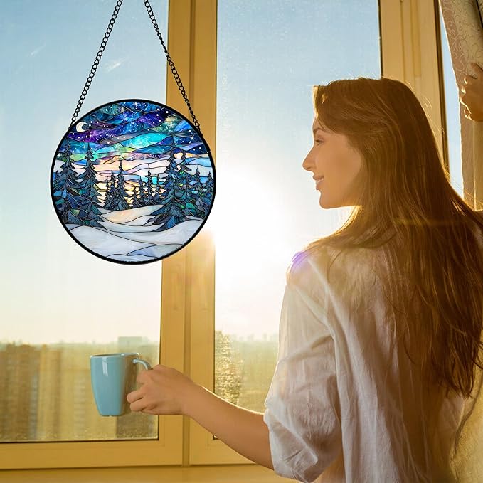 Stained Glass Window Hanging, Starry Sky Trees and Snow Sun Catchers Glass - Image 2