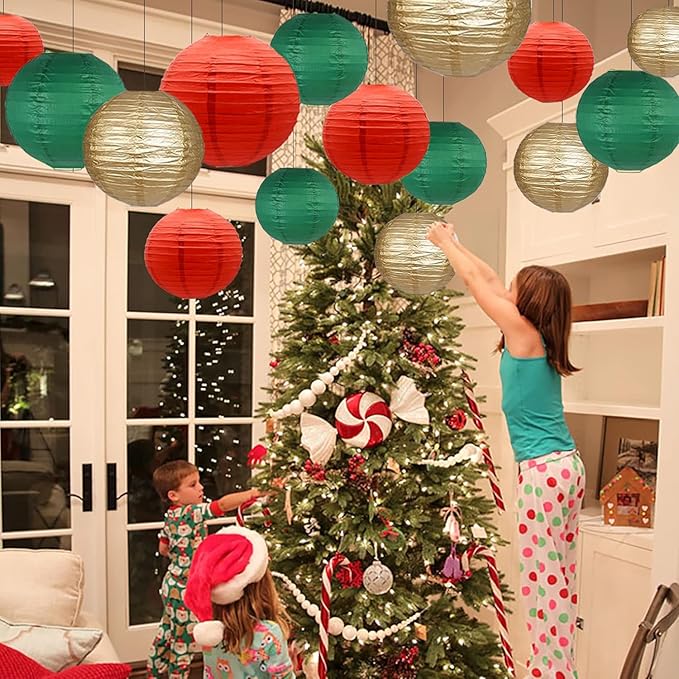 Green Red Paper Lanterns Decorative 12pcs Christmas Hanging Decorations - Image 7