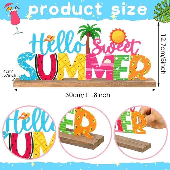 Hello Sweet Summer Metal Sign Rustic Table Decor Holiday Tiered Tray Decor - Image 2