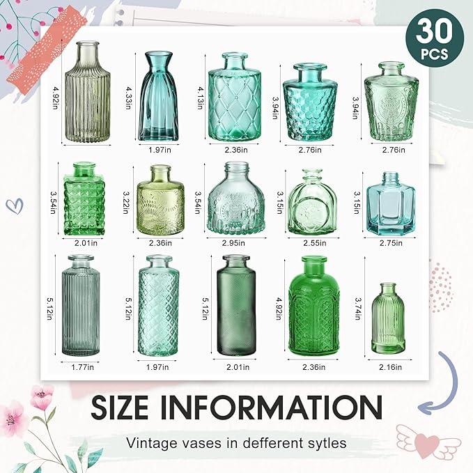 Yaomiao 30 Pcs Vases Bulk Colored Flower Glass Vases Bud Vintage Colored Glass - Image 2