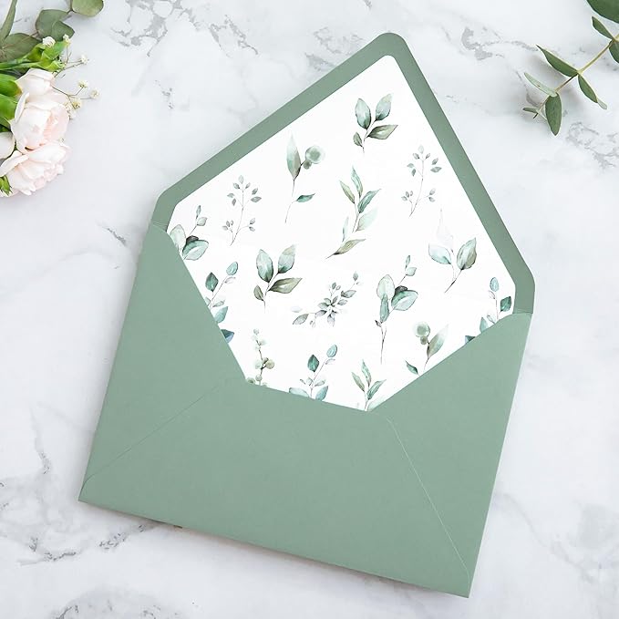 PONATIA 50PCS A7 Euro Flap Envelope, 5.25 x 7.25'' Sage Green Flowers Liner - Image 9