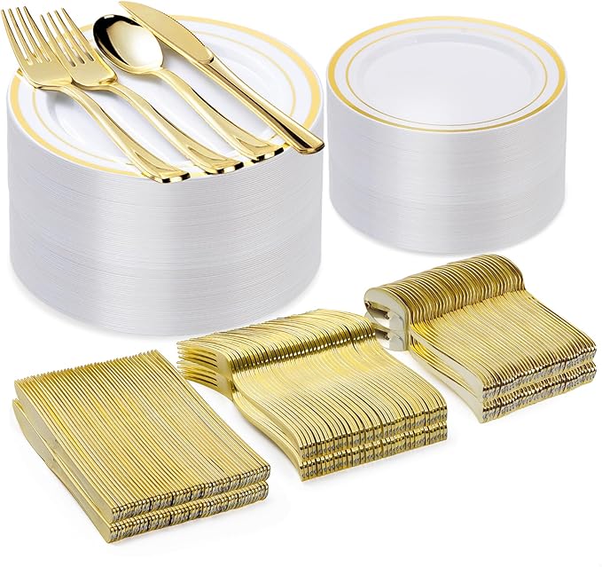 300PCS Gold Plastic Plate Set, Plastic Plates by Bestvip