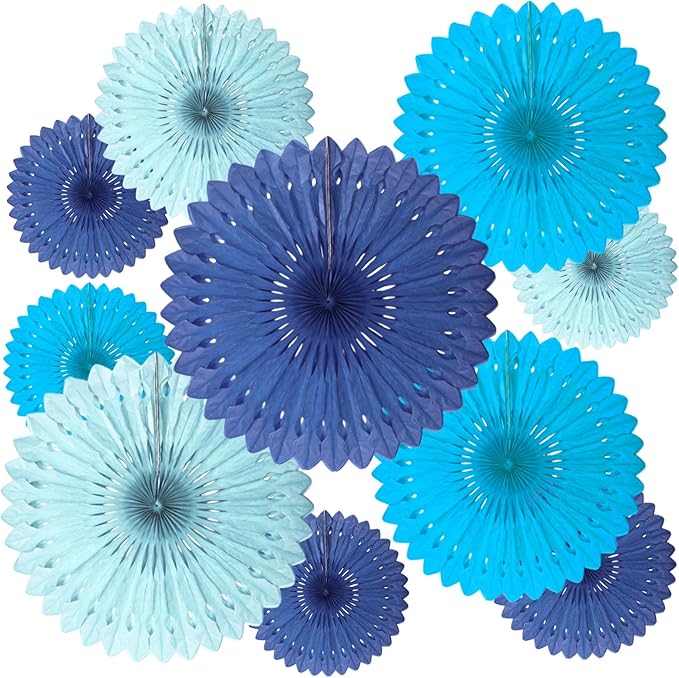 18 Pcs Blue Kit Hanging Honeycomb Paper Fans, Round Paper Fan Decorations by Tisspoms