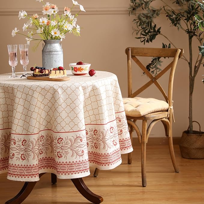 ISAENNE Designer Linen Floral Small Round Tablecloth, Pale Yellow Farmhouse - Image 4