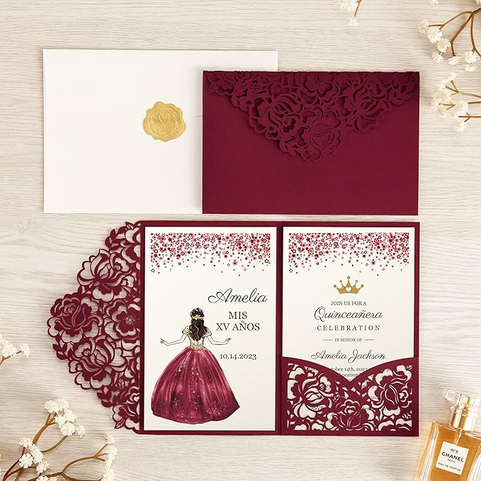 DORIS HOME 50pcs Laser Cut Quinceanera Invitations Burgundy, 4.7x7.1 - Image 2