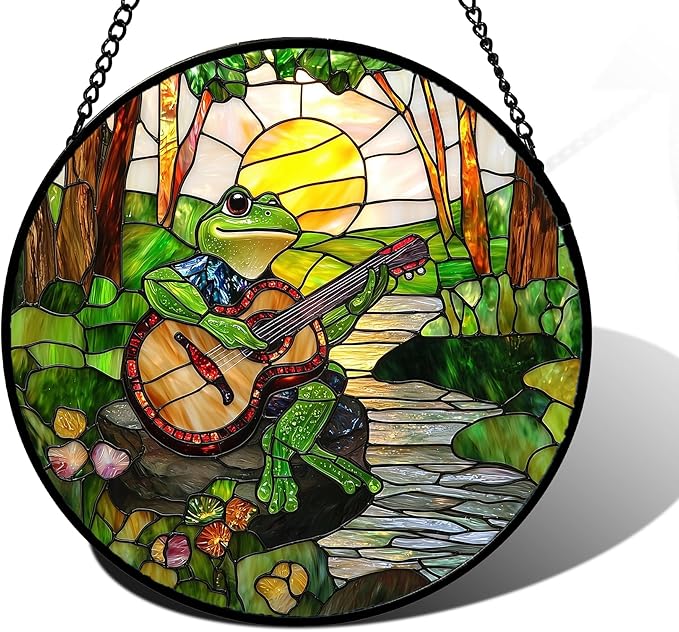 Stained Glass Window Hanging, Frog Playing Guitar Suncatcher Diamond Glass by DASTOLL