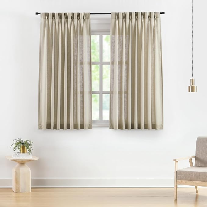 Vision Home Sand Pinch Pleated Semi Sheer Curtains Textured Linen Blended Light by VisionHome