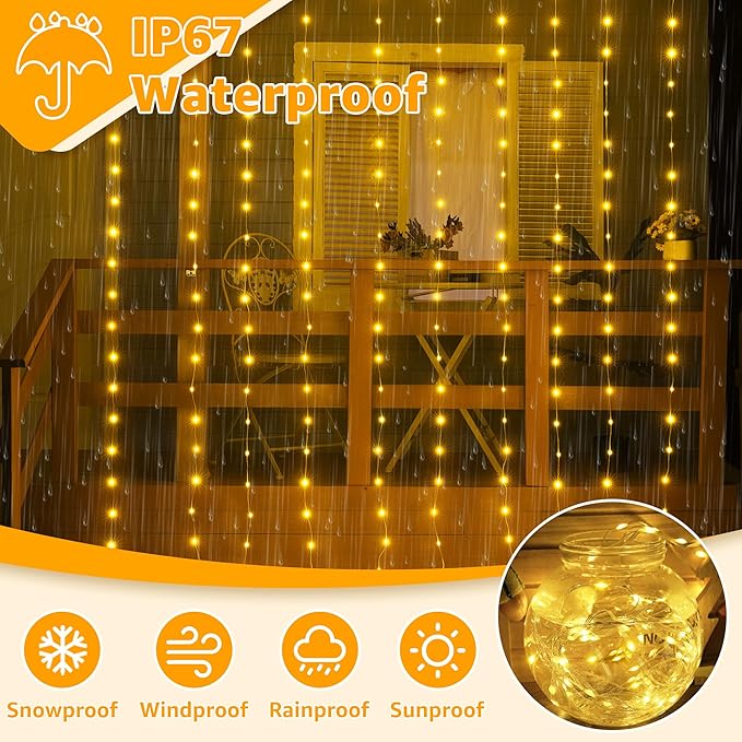 Ollny Curtain Lights 300LED 9.8ftx9.8ft, Connectable IP67 Waterproof Outdoor - Image 3