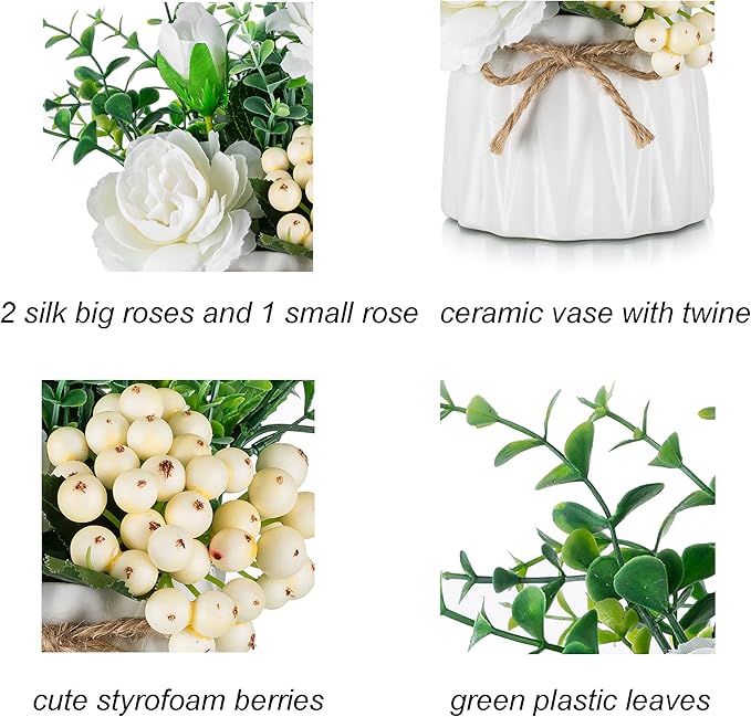 BLOSMON Table Decor Artificial Flowers Vase 7 Inch Small Fake Flower White - Image 4