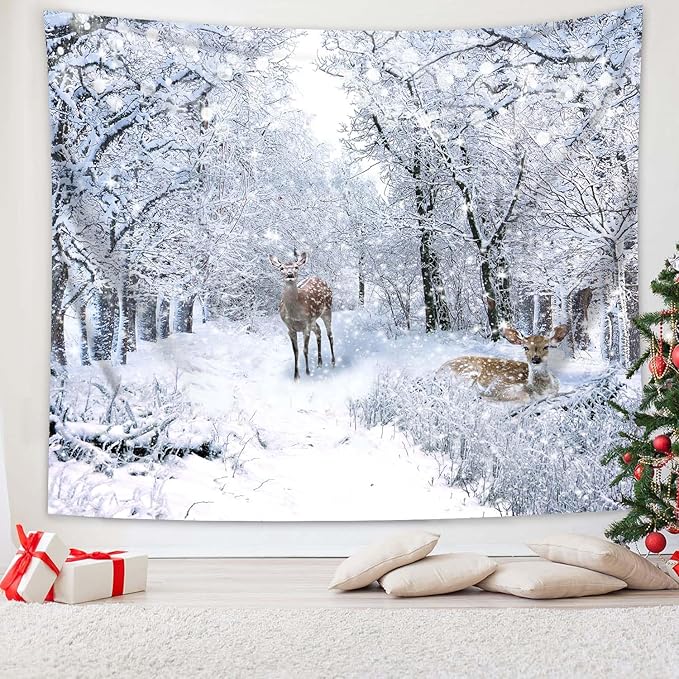QGHOT Winter Tapestry Wall Hanging, Snow Scene Backdrop Winter Wonderland Wall by QGHOT
