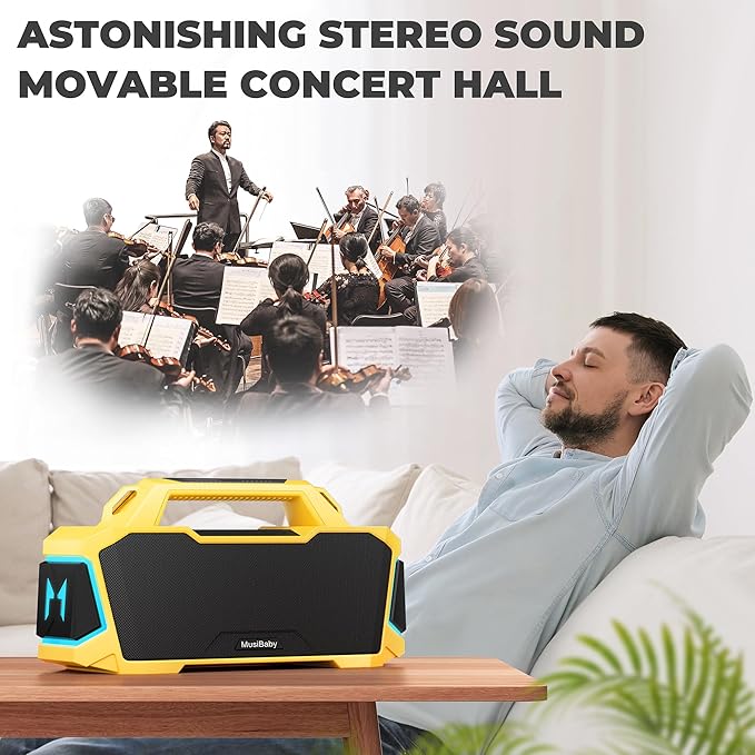 MusiBaby M1 Portable Bluetooth Speaker Yellow, Loud Stereo Sound Subwoofer Deep - Image 2