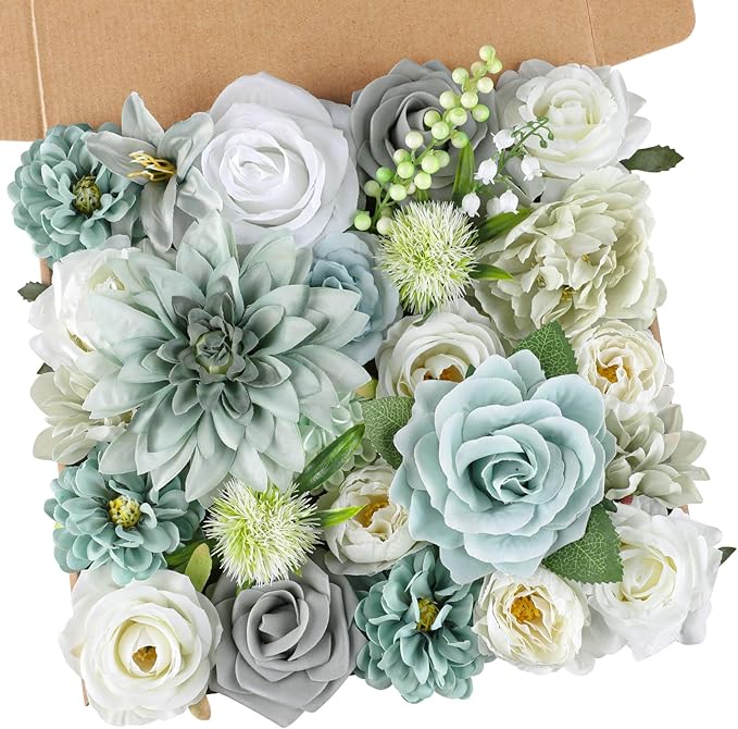 AmyHomie Teal Blue Artificial Flowers Combo Silk Mix Peony Rose Fake Flowers by AmyHomie