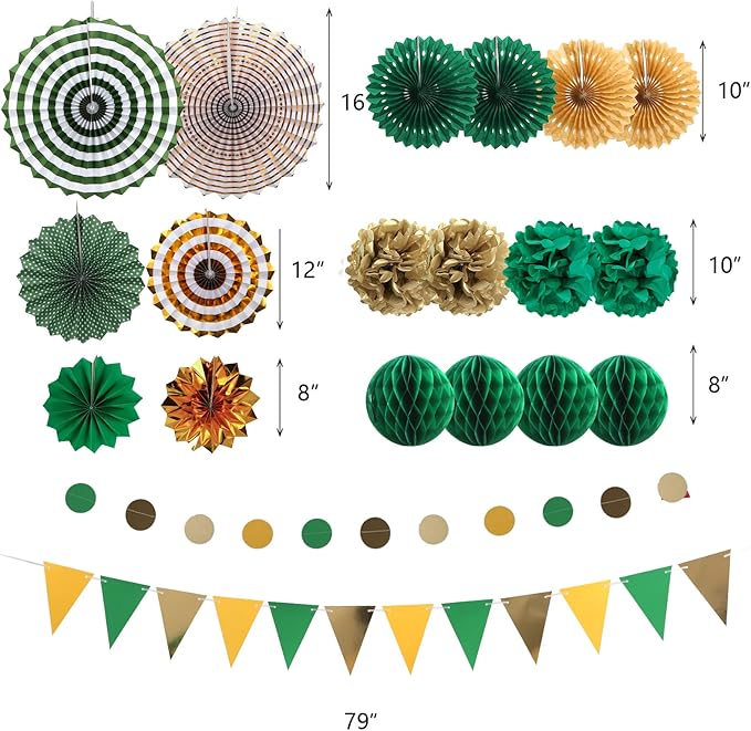 Green and Gold Party Decorations, Pom Poms Flowers, Garland String Polka Dot - Image 3