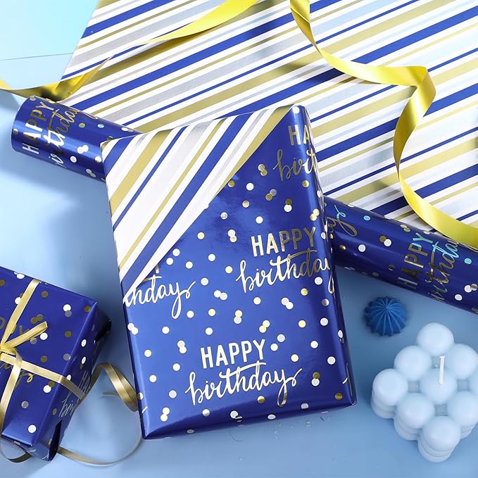 LeZakaa Reversible Blue Birthday Wrapping Paper Roll - Image 4
