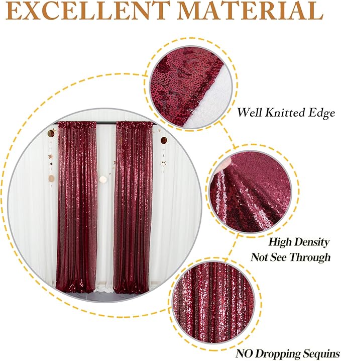 ShinyBeauty Glitter Burgundy Backdrop Curtains 2 Panels 4Ftx7Ft Sequin Curtain - Image 4
