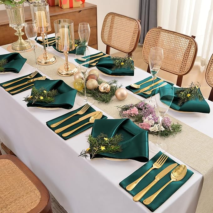 12 Pieces Forest Green Satin Napkins, Silky Soft Smooth Washable Napkins - Image 3