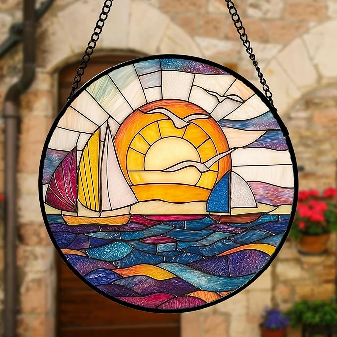 Stained Glass Window Hanging, Sailboat and Waves Suncatcher Diamond Glass Panel - Image 4