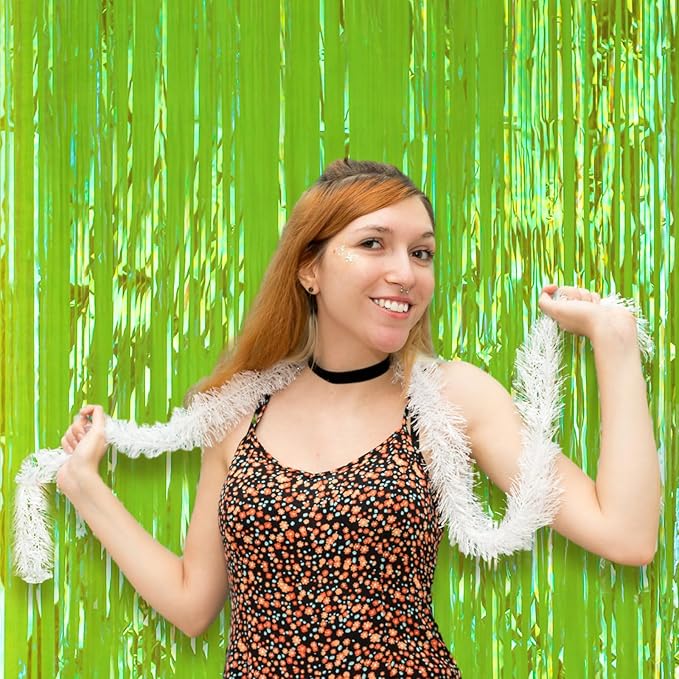 4 Pack 3.3x8.2 Feet Neon Green Foil Fringe Backdrop Curtains, Tinsel Streamers - Image 7