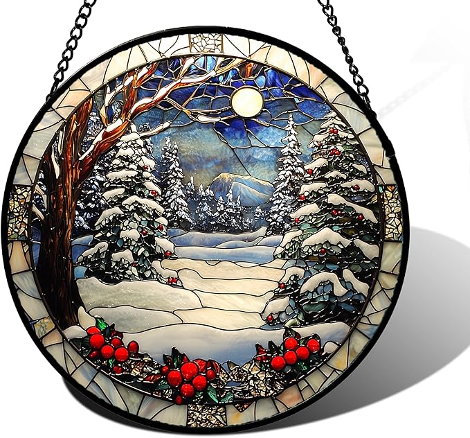Stained Glass Window Hanging Christmas Tree Winter Snow Night Scenery Large by DASTOLL