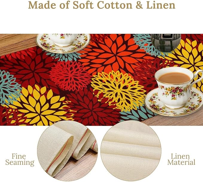 Red Yellow Dahlia Table Runner, Seasonal Autumn Thanksgiving Pattern Print - Image 7
