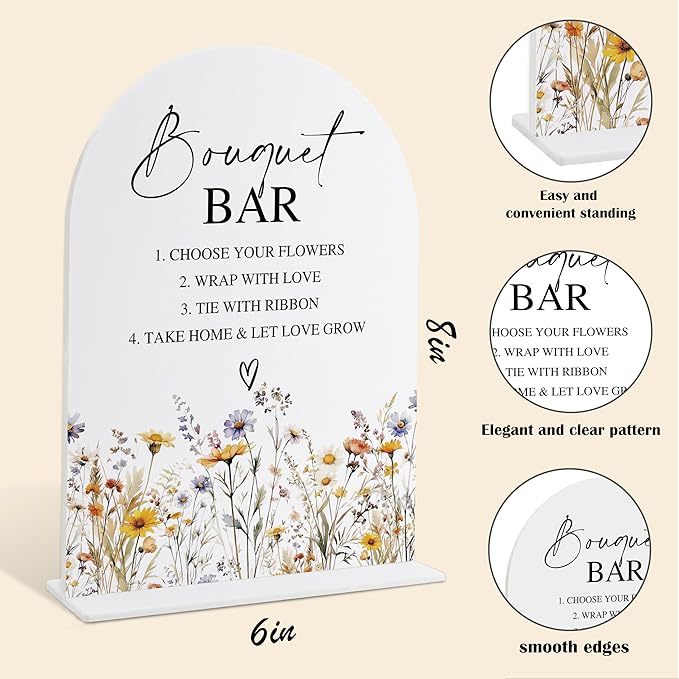 Wedding Signs for Ceremony and Reception, Boho Floral Acrylic Bouquet Bar Sign - Image 2