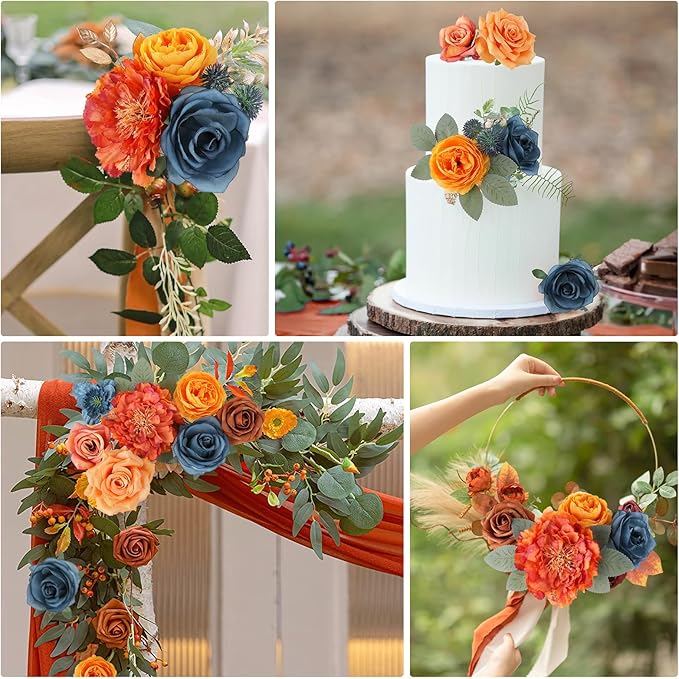 AmyHomie Teal Orange Artificial Flowers Combo Silk Mix Peony Rose Fake Flowers - Image 5