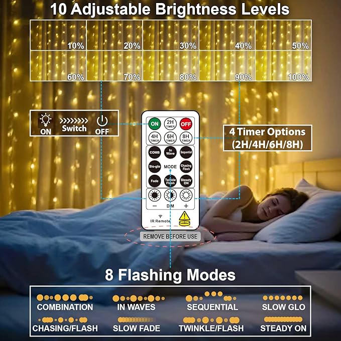 HXWEIYE 300LED Fairy Curtain Lights, 9.8x9.8Ft USB Plug-in 8 Modes Christmas - Image 4