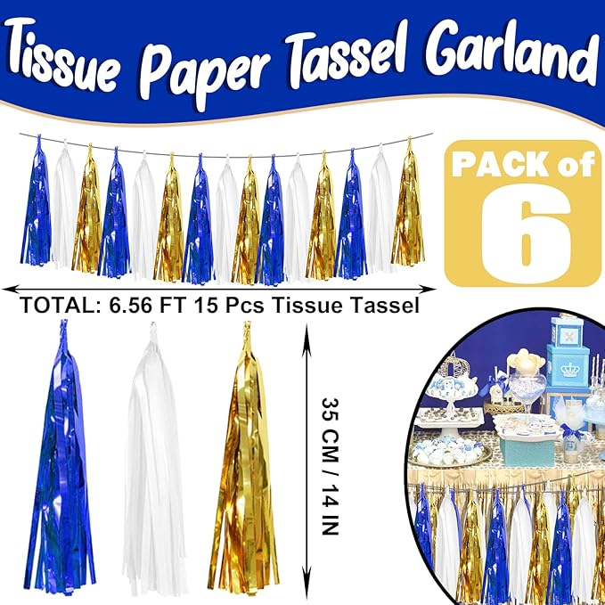 6P Navy-Blue White-Gold Foil Fringe Metallic Tassel-Garland, Tassels Banner - Image 2
