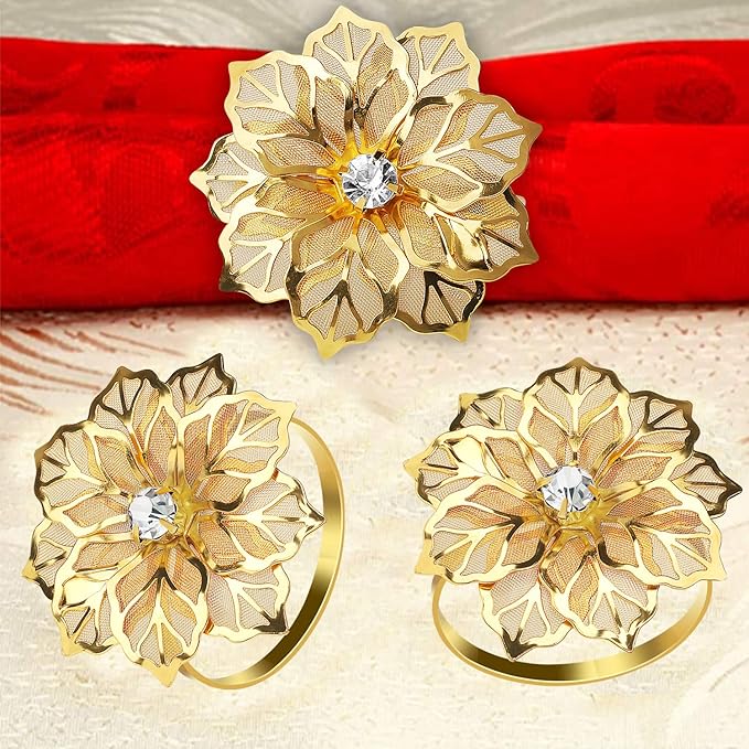 KPOSIYA Flower Napkin Rings Holder Metal Gold Napkin Rings Set of 12 - Image 6