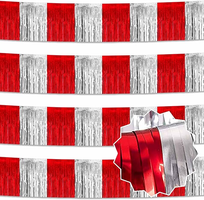 4 Pack 10 Ft Red and Silver Foil Fringe Garland Metallic Streamers Tinsel by LANTIANCHEN