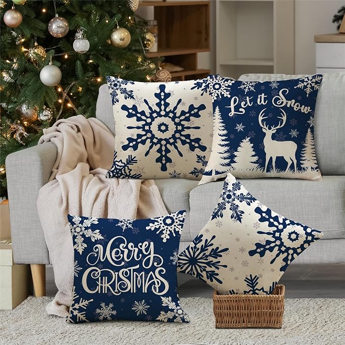 Christmas Pillow Covers 18x18 Blue Christmas Decorations Snowflake Reindeer - Image 4