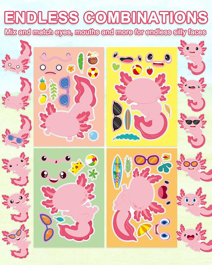 Aowplc 32 Sheets Axolotl Make-a-Face Stickers Mix 'n Match Crafts - Image 8