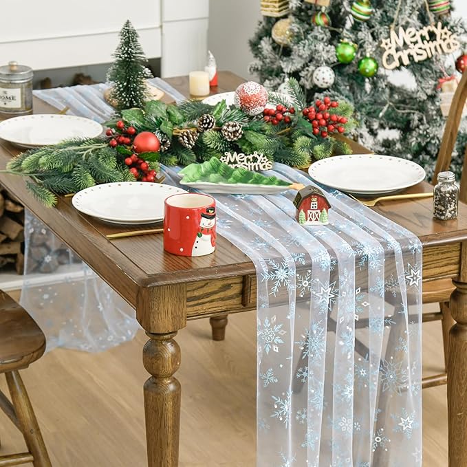 Artoid Mode Blue Snowflakes Merry Christmas Gauze Table Runner 120 Inch 10FT - Image 3