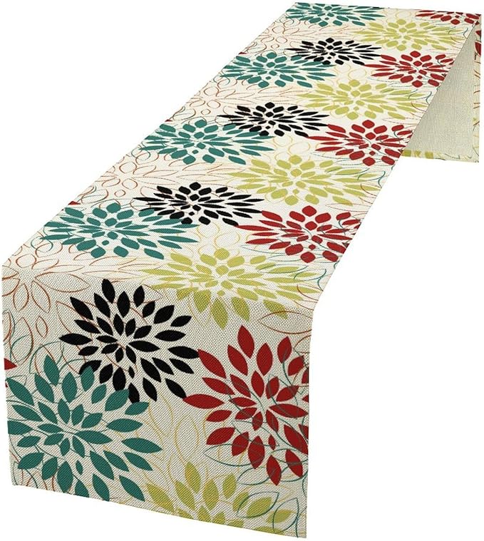 Abstract Red Dahlia Vintage Table Runner, Geometric Lines Mid Century Vintage - Image 2