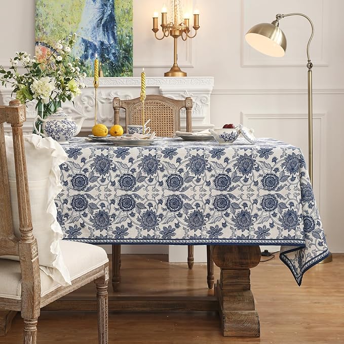 patdrea Designer Vintage Blue Rectangle Tablecloth, Linen Anti-Wrinkle Paisley - Image 2