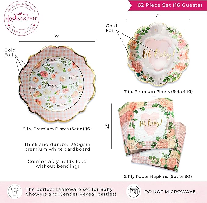 Kate Aspen Baby Shower Onesie Pink Floral & Gingham Tableware Set - Image 6