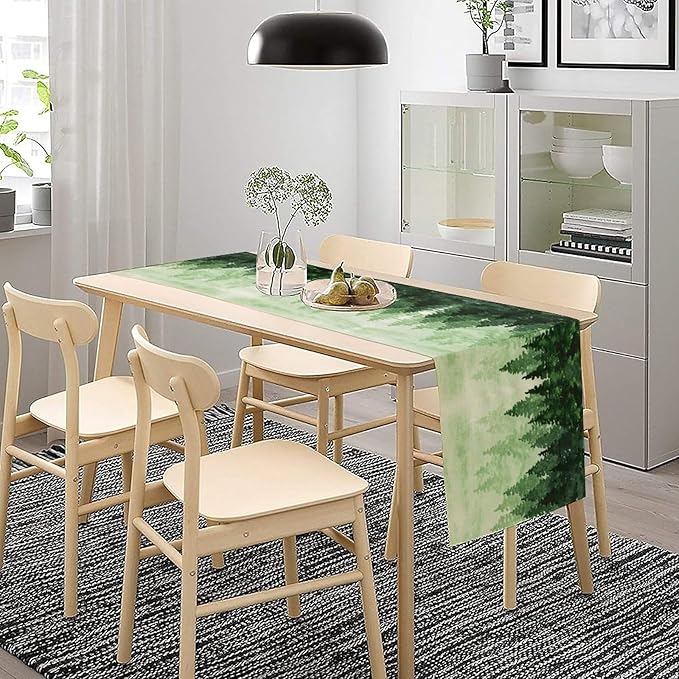 Foggy Forest Table Runner, Watercolor Wreen Misty Forest Landscape Table Runner - Image 3