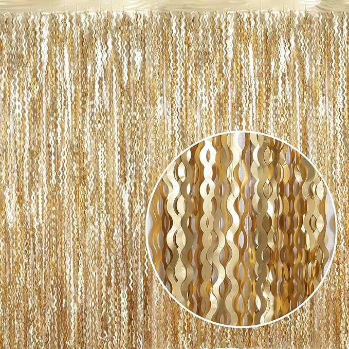 4 Pack Wavy Champagne Gold Metallic Tinsel Foil Fringe Curtains Backdrop by KEEUH