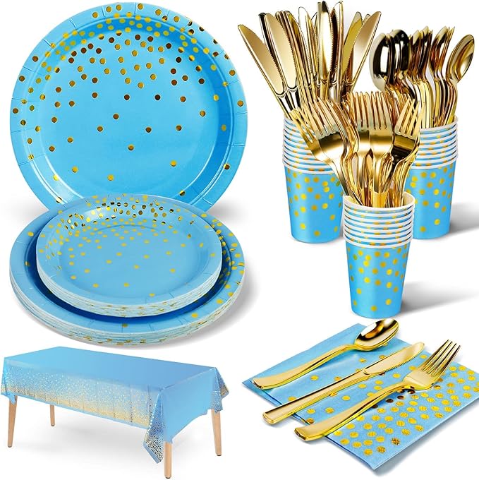 141 Pieces Sky Blue Gold Party Supplies, Party Dinnerware Sets Include Paper by Nkaiso