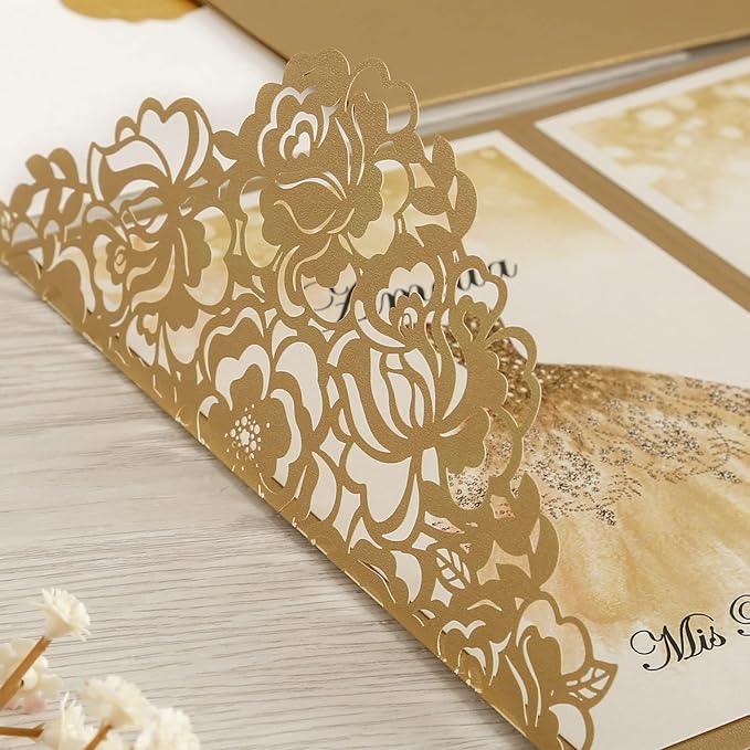 DORIS HOME 50pcs Laser Cut Quinceanera Invitations Gold, 4.7x7.1 Personalized - Image 5